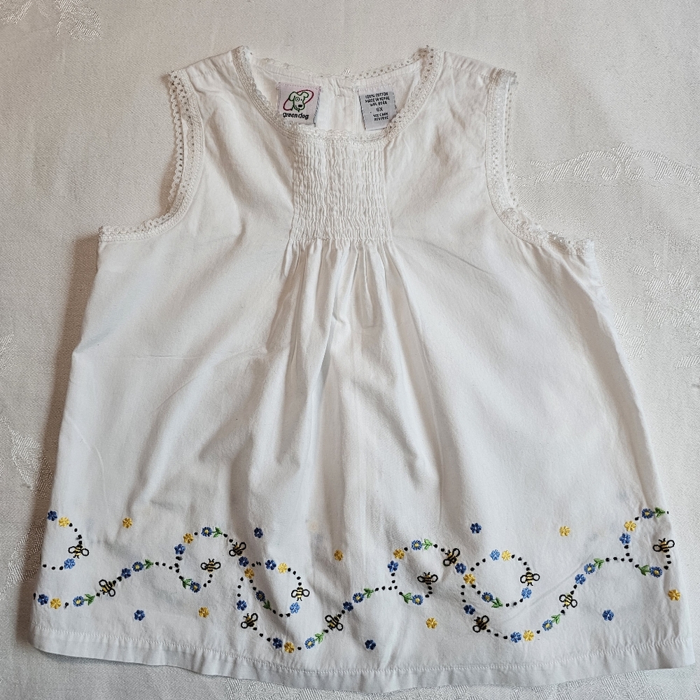 Green Dog Bumblebee Smocked Embroidered Children's Cotton Top - Vintagey sz 6X